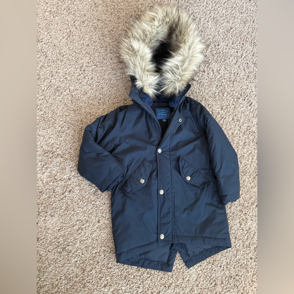 J. Crew Kids Navy Puffer Coat with Faux Fur Hood